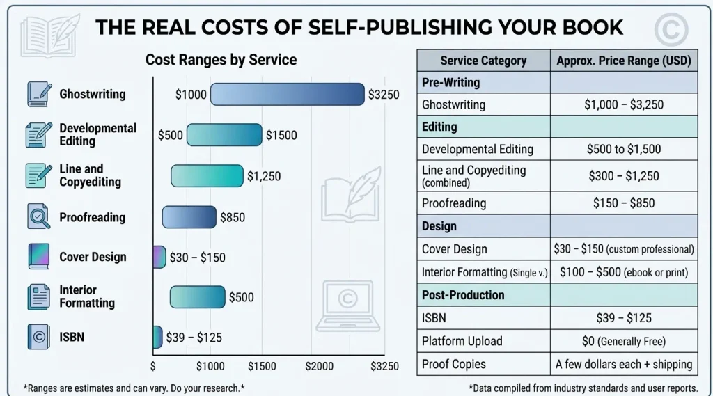 Chart of typical self-publishing costs for editing, cover design, formatting, ISBN, and proof copies