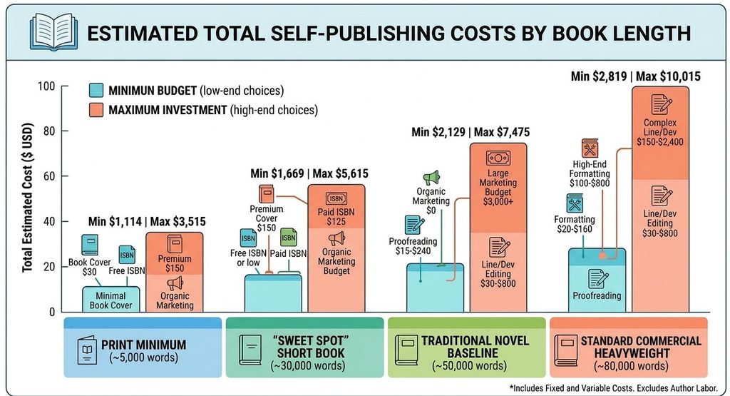 Chart showing how much does it cost to self publish a book by editing, cover design, formatting, ISBN and marketing